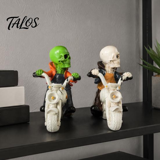 Detailed Skull Clothing Figurine Halloween Skeleton Riding Motorcycle Figurine, Gothic Spooky Statue for Home Gifts Collectors Garden, Resin