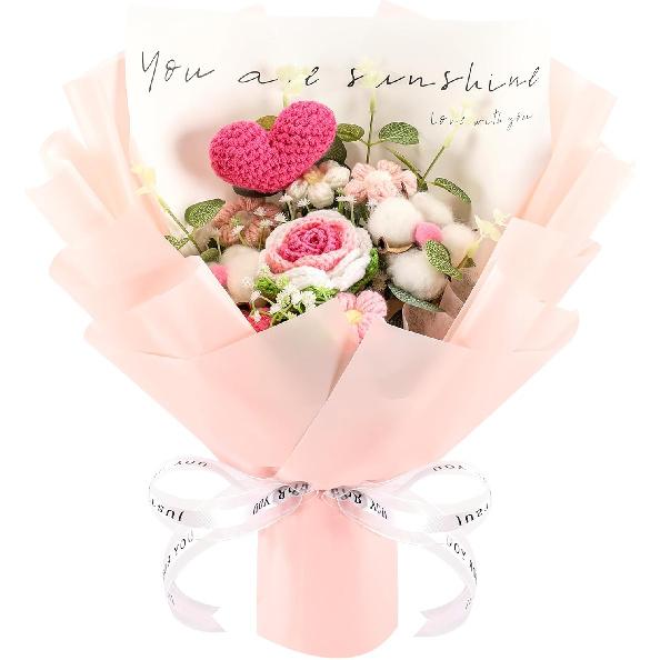 Crochet Rose Flower Bouquet - Handmade Rose Artificial Flowers for Holiday Wedding Graduation Anniversary Birthday Home Decoration (Pink)