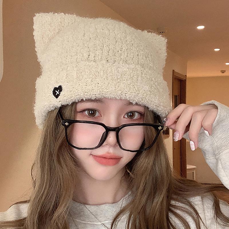 Cat Ears Warm Plush Knitted Beanies for Women Love Heart Embroidery Ear Warmer Cap Solid Color Windproof Pullover Hat Bonnet
