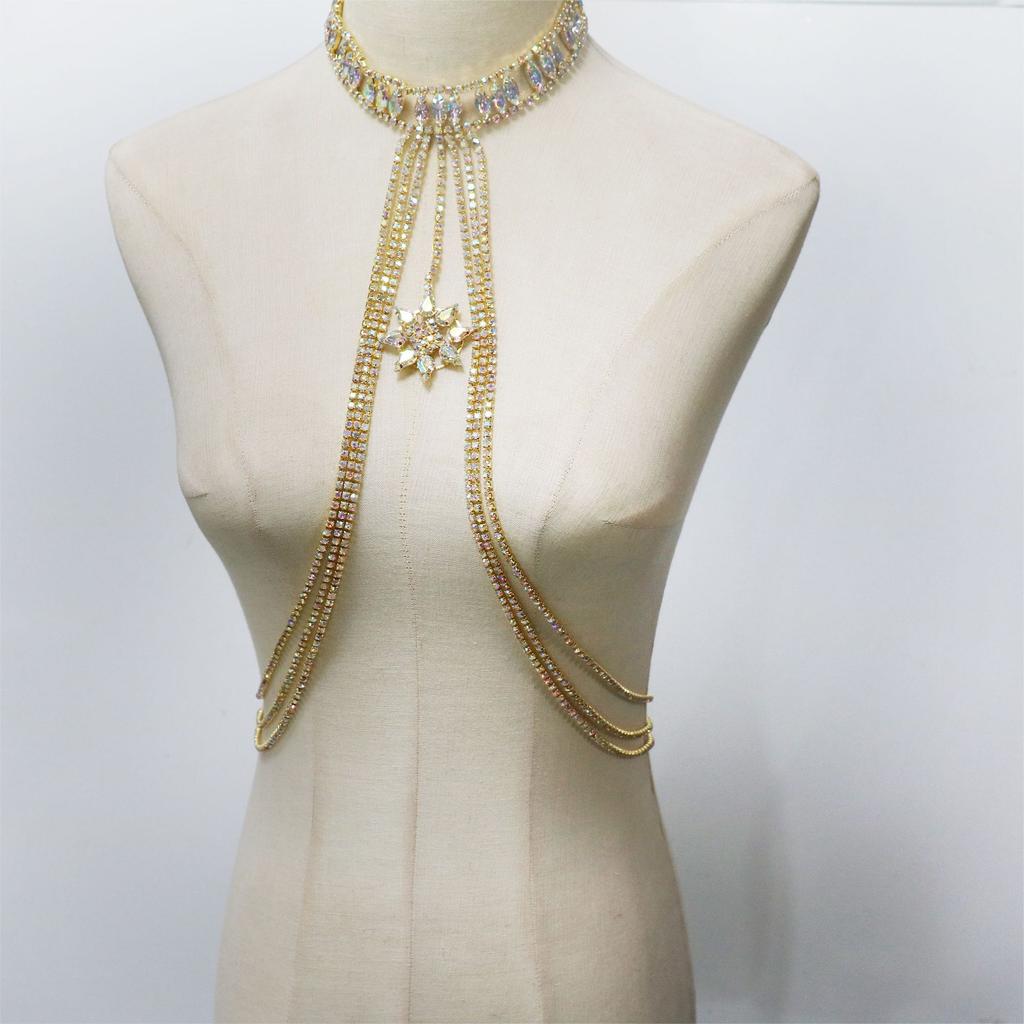Sexy Rhinestone Breast Chain, Fashionable Sunflower Pendant, Fringed Breast Chain, Dinner Party Neck Jewelry Woman