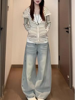 Korean Casual Striped Hooded Cardigan Sweatshirt for Women - Autumn/Winter Loose Slimming Jacket