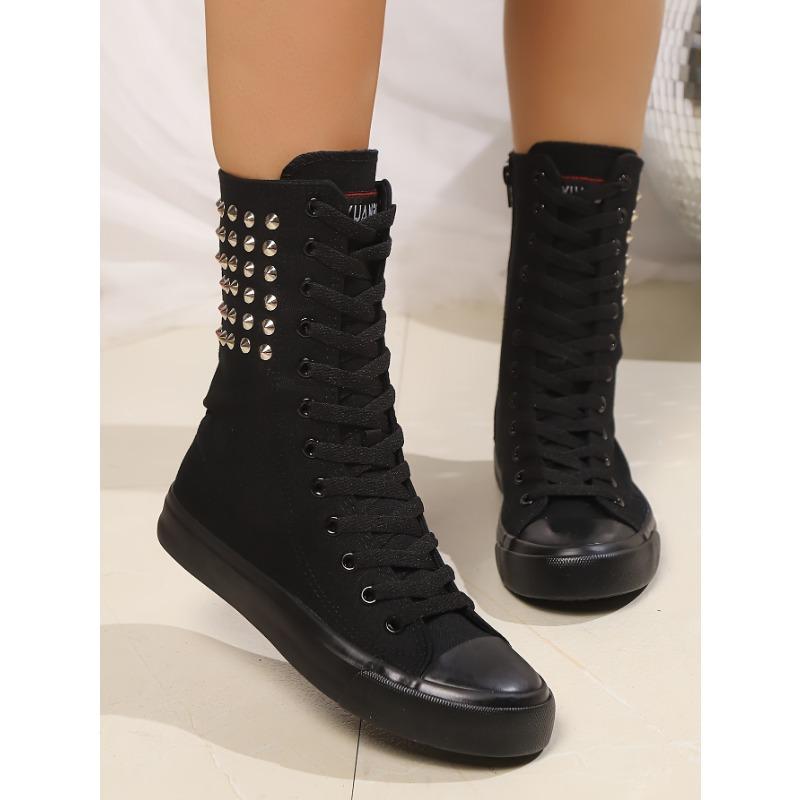 Short Front Lace-up Side Zipper Women's Shoes Inner Height Rivets Canvas Shoes Casual Shoes Trend Fashion
