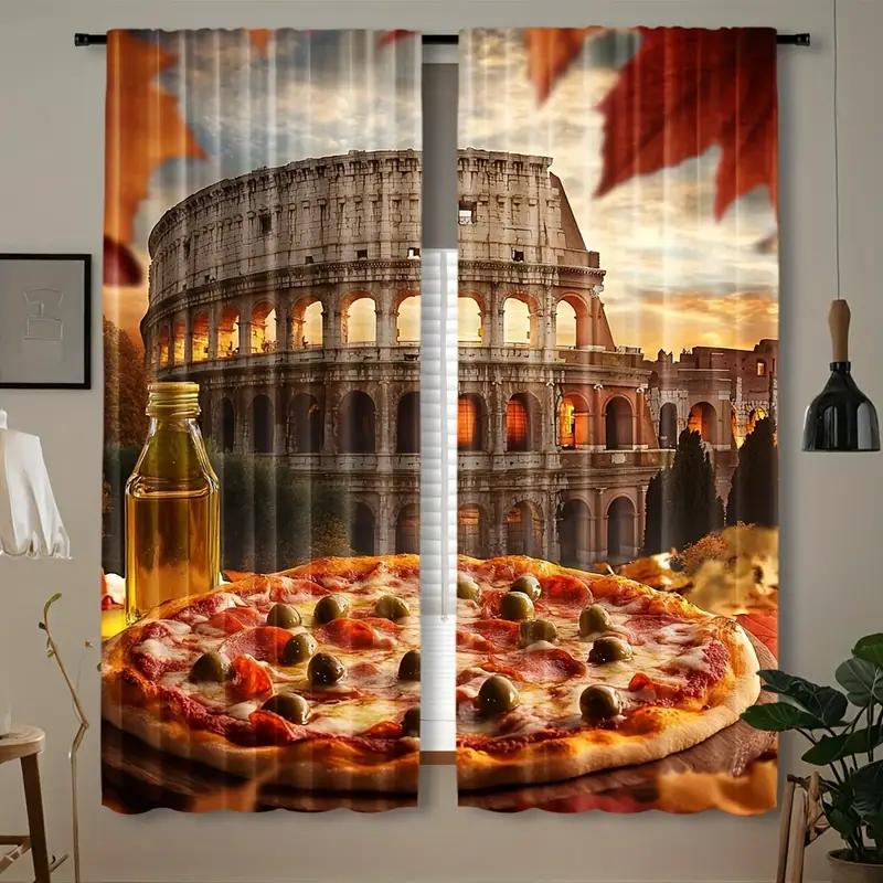 Tonnika Chen Italian Pizza Colosseum Printed Curtains Designed Quality Material Ideal Food Travel Enthusi Semi Sheer Set Of 2 Made Polyester