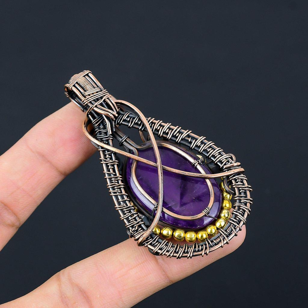 Ametystový přívěsek Drahokam Šperky, Přívěsek omotaný měděným drátem 999, Dárek pro ženy Ručně vyrobený přívěsek