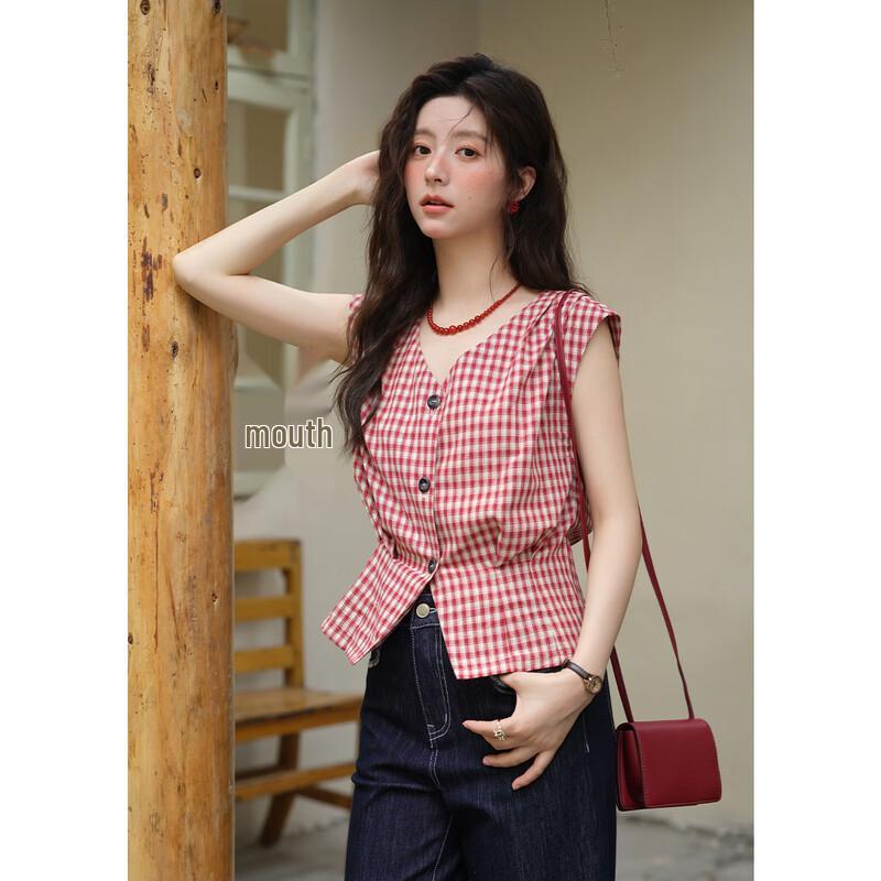 Women's Vintage Red Plaid V-Neck Shirt
