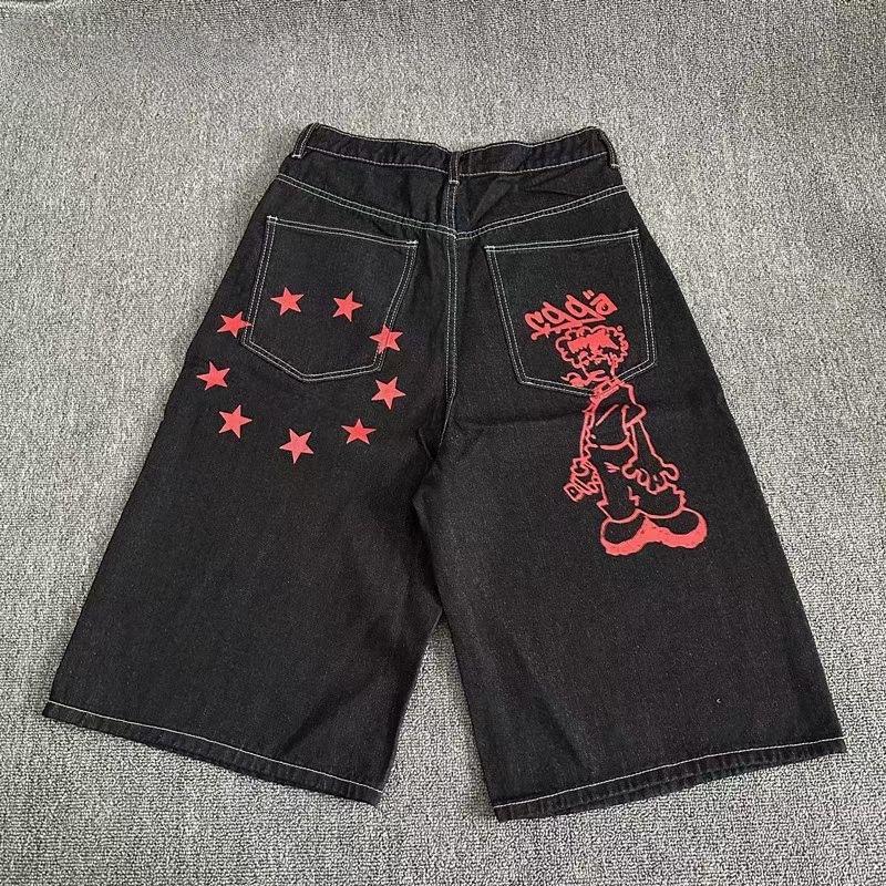 ZYLLO Amerikanischer Cartoon Gedruckte Weitbeinige Denim Cropped Hose Locker Lässig Gerade Shorts