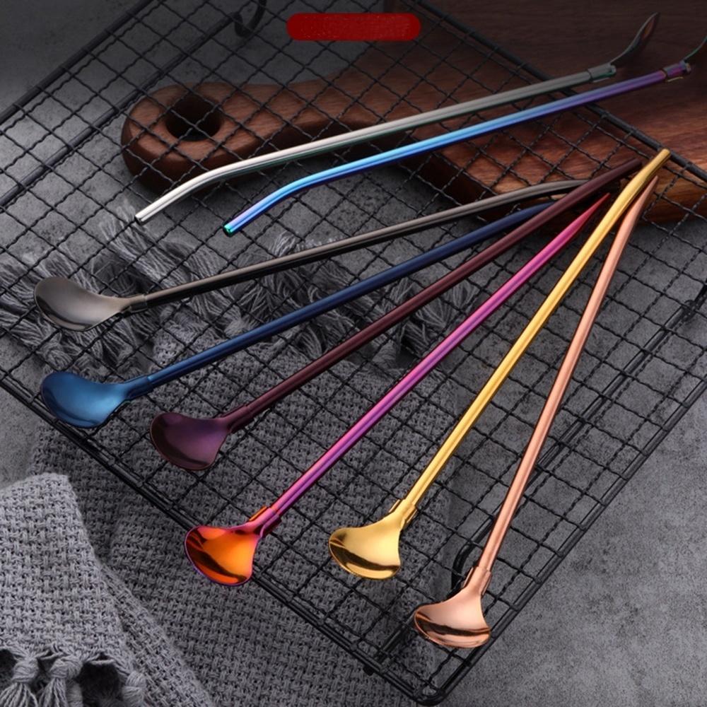 Reusable Bar Tea Party Drinking Straw Bent Filter 2 In 1 Stainless Steel Coffee Spoon