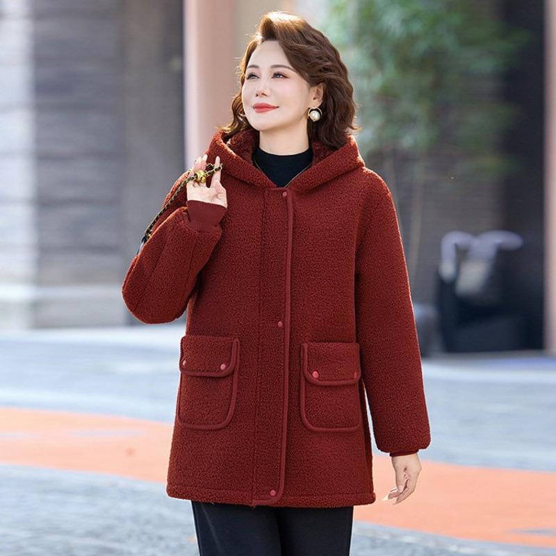 

Medium and old women s clothing women s hooded lamb wool medium and long coat women s autumn and winter warm woolen top multi-color versatile model 5XL [recommended 150-80kg]