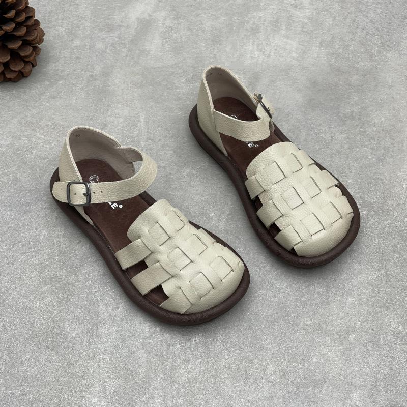 Johnature Soft Cowhide Woven Round Toe Flat Sandals Soft Sole Comfortable Genuine Leather Women's Shoes