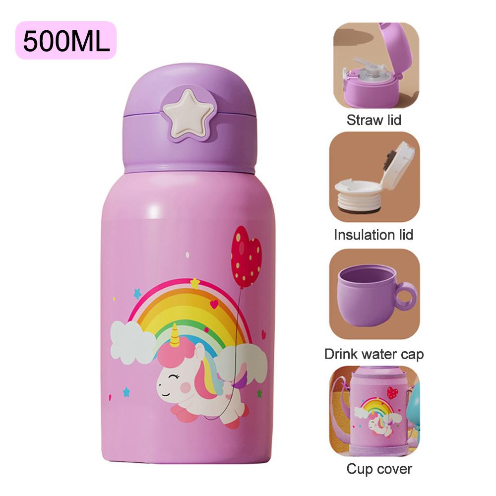500ML Cartoon Kids Water Bottle With Strap Children Thermal Bottle Stainless Steel Vacuum Flacks Thermos Mug For School Kid Gift