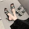 Large size outer wear square head high-heeled slippers women's summer new plaid thin heel one-word cool slippers wish