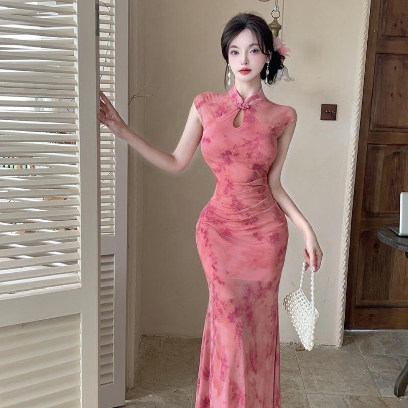 New Chinese-style Cheongsam Dress, New Waist Slim and Thin Sleeveless Hip Wrap Skirt in Summer