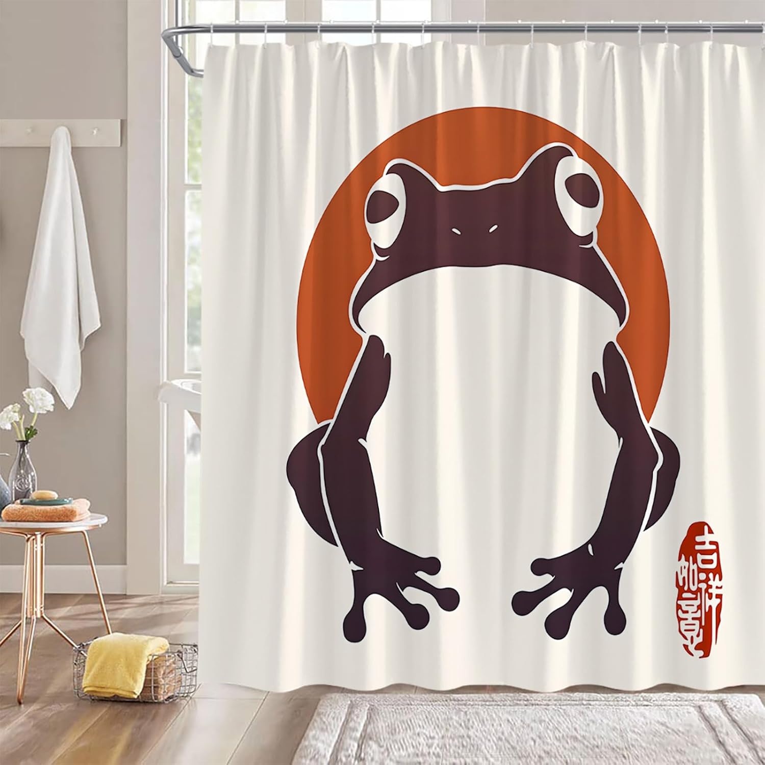 Annier Red Funny Frog Shower Curtain Asian Style Traditional Japanese Art Vintage Anime Cute Animal Sun Retro Bathroom Decor Curtain