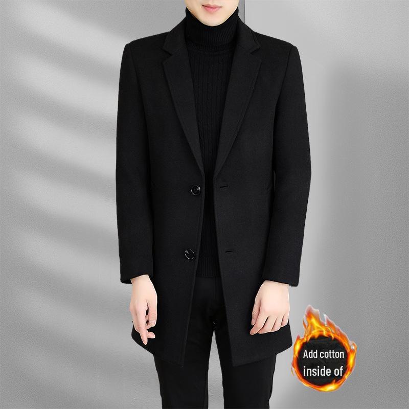 

Мужское шерстяное пальто средней длины: Толстый стеганый воротник для костюма на осень и зиму plus cotton, L чёрный