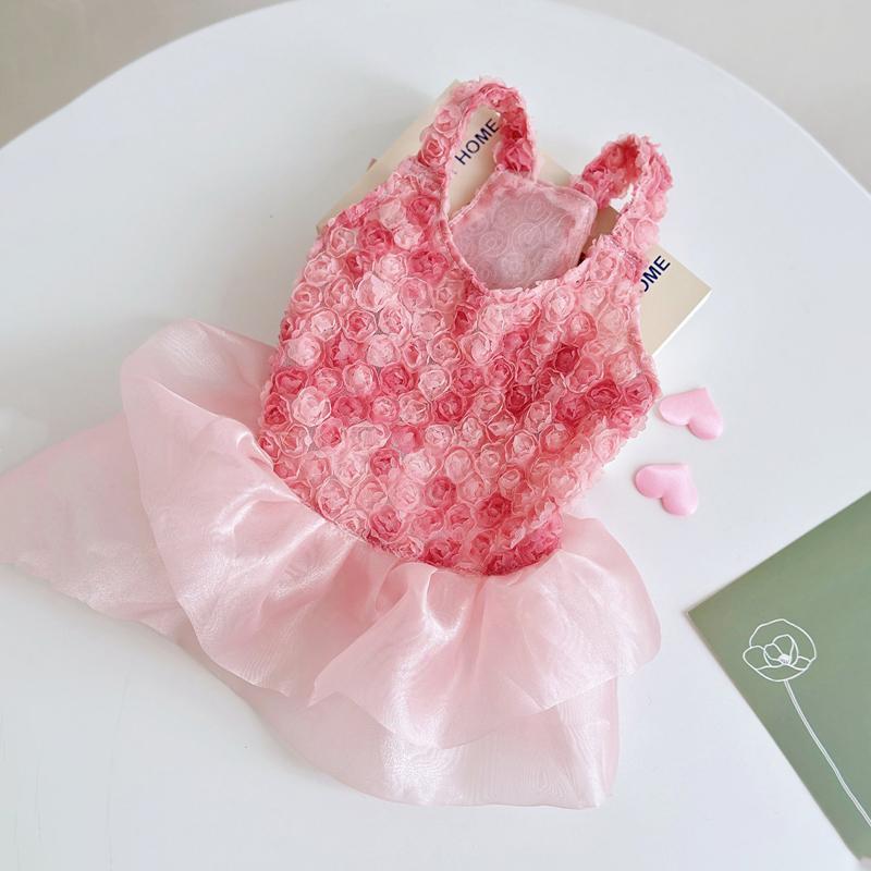 

Dog Princess Dress Birthday 3D Rose Flower Pink Bowknot Wedding Dress Bride Costume Cat Puppy Pet Spring Summer Party Dresses (as the picture,XS)