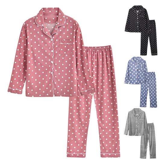 2 Pçs/set Pijamas Terno Estampado Bolinhas Cardigan Camisa Decote Em V Gola Redonda Camisa Perna Larga Calças Soltas Camisola Terno Pijamas