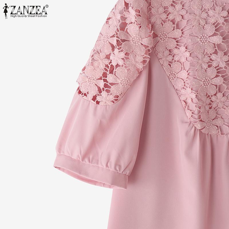 ZANZEA Womens Casual Lace Patchwork Round Neck Half Sleeve Blouse