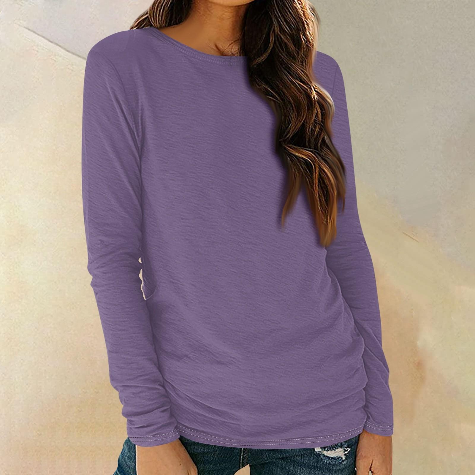 

Женские рубашки с длинным рукавом и круглым вырезом, базовая футболка, повседневный топ, осенняя модная туника, облегающие футболки XXXL фиолетовый