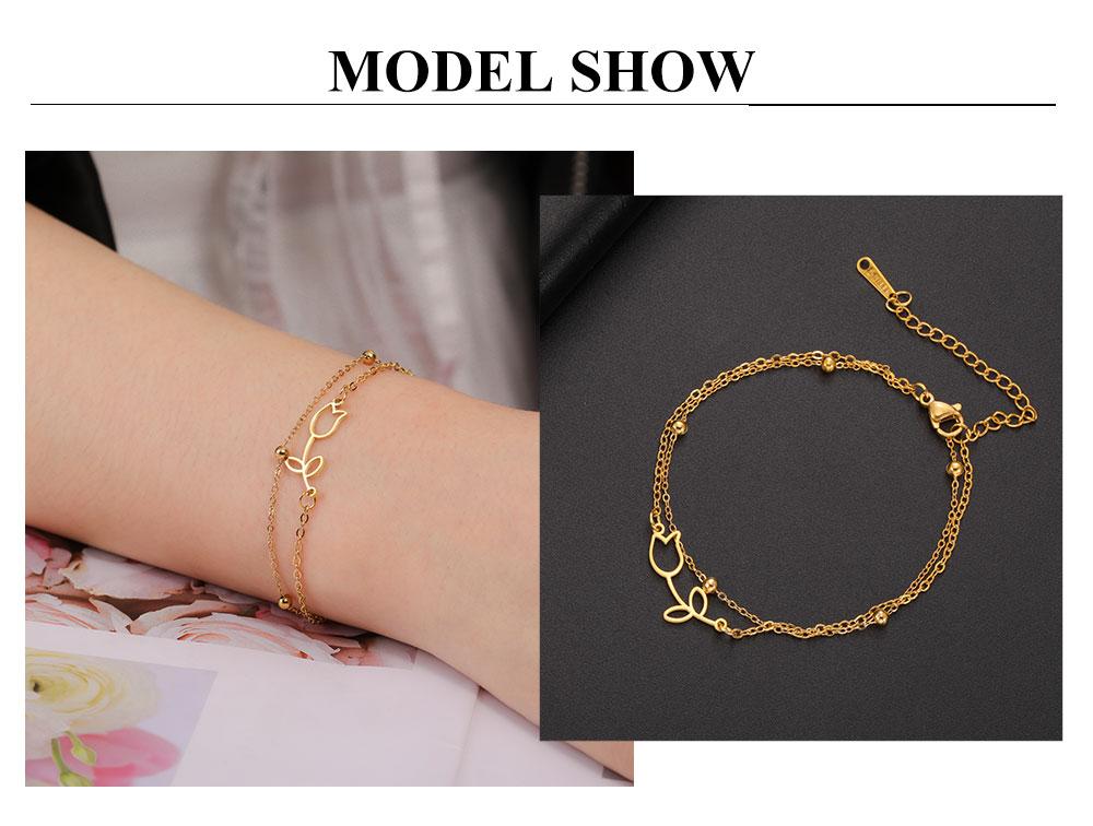 Cazador Tulip Flower Bracelet for Women Kpop Stainless Steel Double Layers Beads Chain Bracelets Jewelry Birthday Gift New