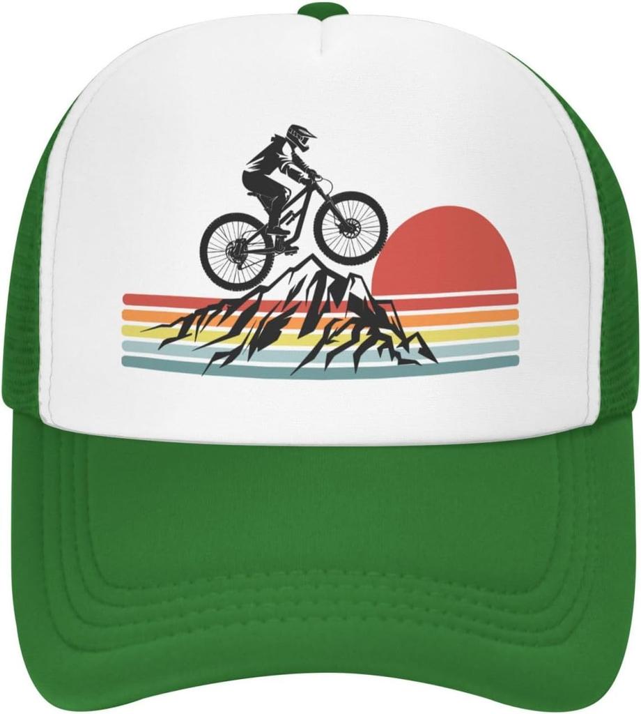 Mountain Biking Sunset Graphic Trucker Hat Polyester Mesh Adjustable Outdoor Cycling Baseball Cap