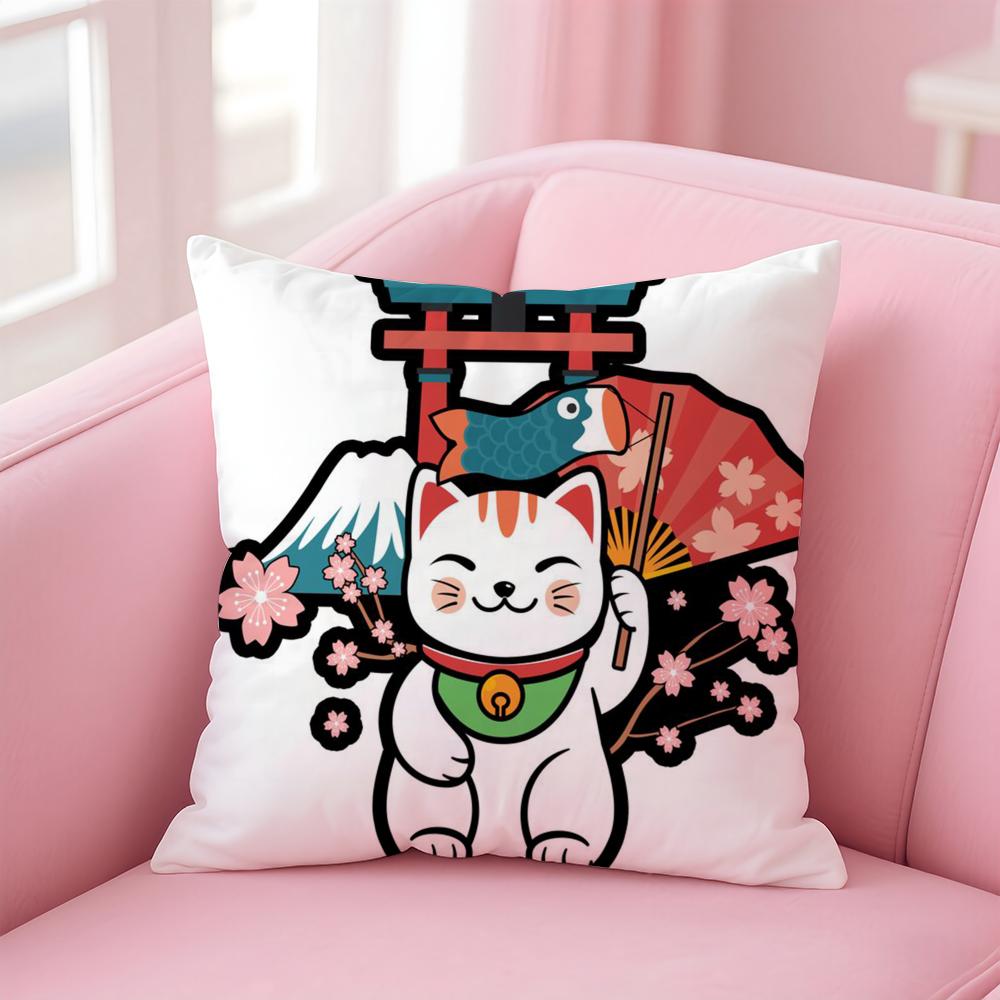 Rich Luck Maneki  neko Cushion Cover Linen Pillowcase Cover Soft Decor for Sofa Home Room