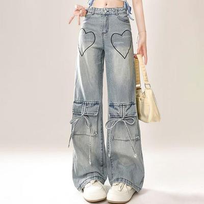 Amerikanische Retro Liebesherz Stickerei Utility Jeans Übergröße Einzigartig Hot Girl Locker Slim Weites Bein Lang für Damen