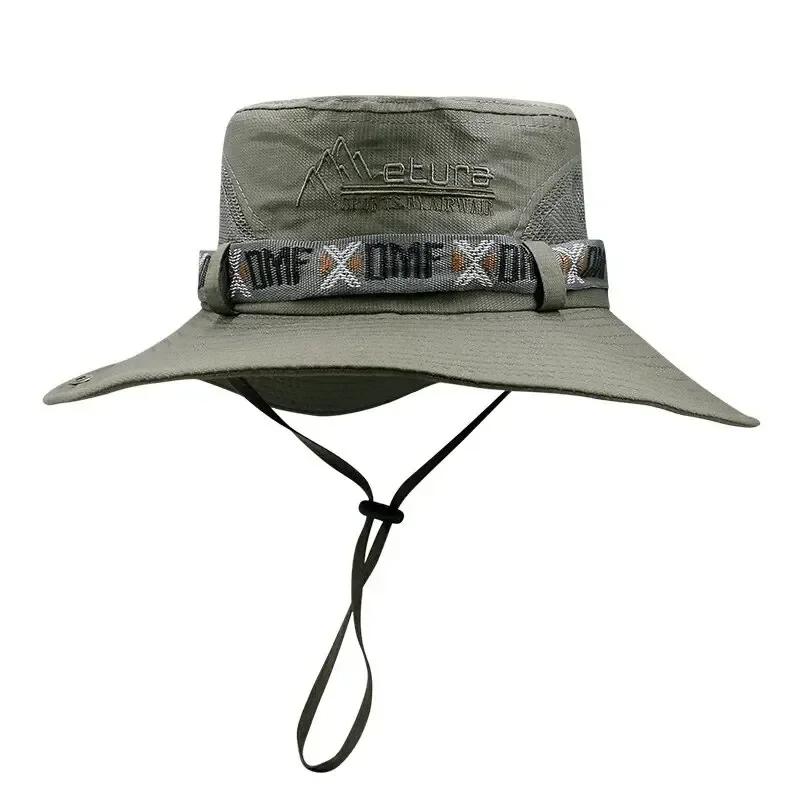 Cappello a secchiello da uomo con tesa larga, protezione UV, stile Panama in rete, cappello da sole per pesca all'aperto, escursionismo, campeggio