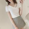 Summer Korean Version Slimming Short Sleeved Solid Color Base Shirt V-neck Shoulder Slip T-shirt Fashion Women's Clothing