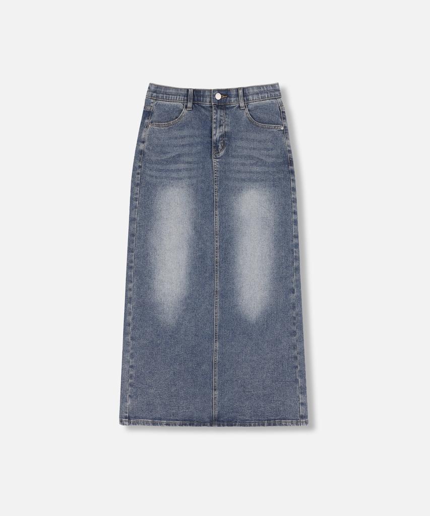 NP STUDIO Slit Washed Long Denim Skirt Medium Blue