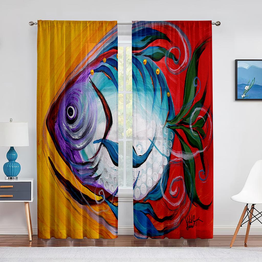 Goldfish Koi Fish Ink Painting Leaves Tulle Curtains for Living Room Bedroom Decor Chiffon Sheer Voile Kitchen Window Curtain