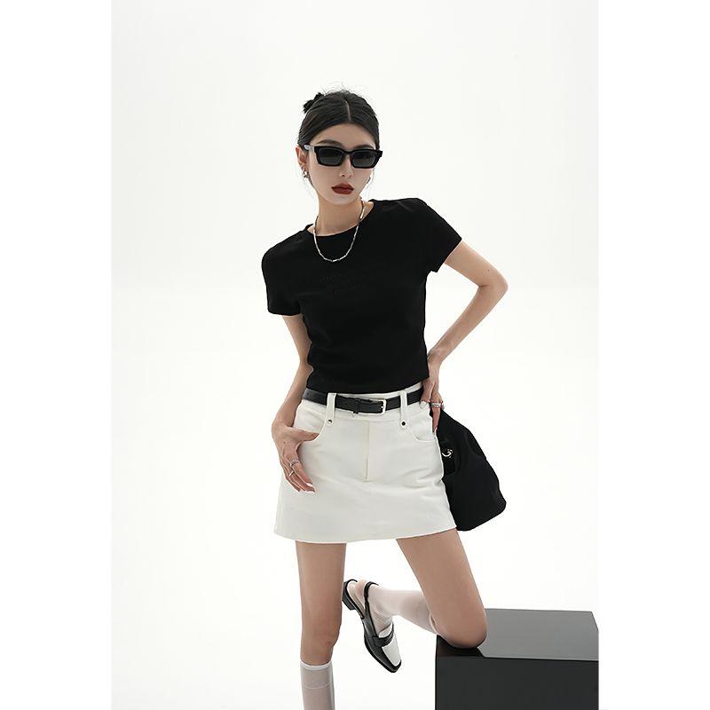 

Srys Fashion Stylish Letter High Waist Slim-Fit Short Sleeve Black S