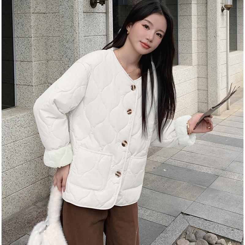 Sheep Wool Cotton Coat for Women, Autumn and Winter New Korean Style Thickened Round Neck Sheep Wool Jacket Cotton Padded Coat