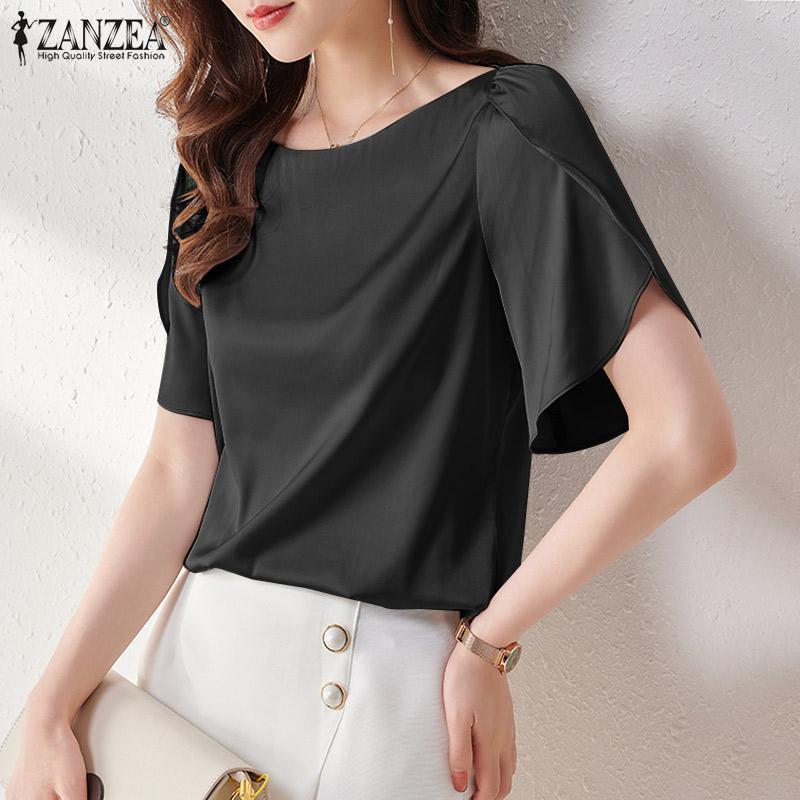 

ZANZEA Женская повседневная летняя блузка с круглым вырезом и короткими рукавами