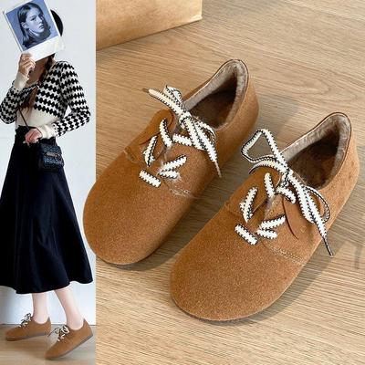 Fashion Spring Fall Women's Padded Warm Cotton Shoes Winter Retro Round Head Lace-up Versatile Flat Single Shoes
