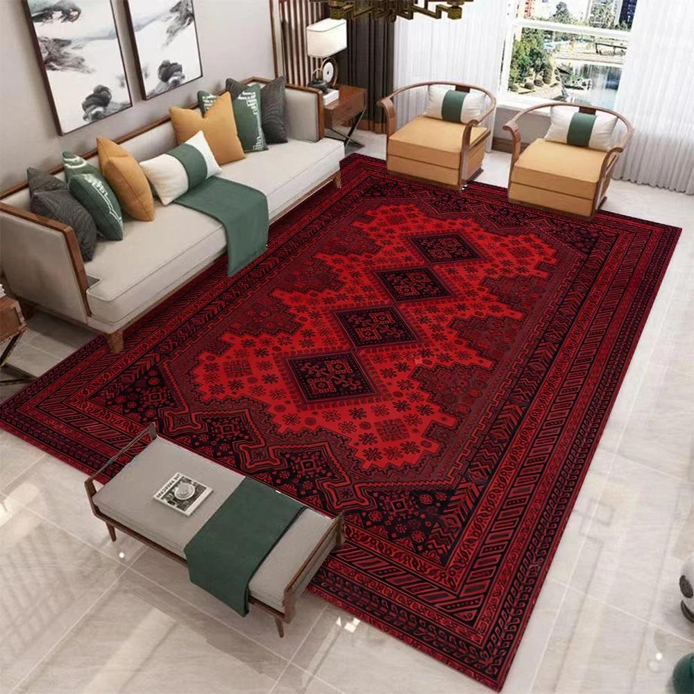 Retro Red Bohemian-style Printed Carpet Red Kitchen Mat Decor Vibrant Living Room Mat Coffee Table Rug Nonslip Machine Washing