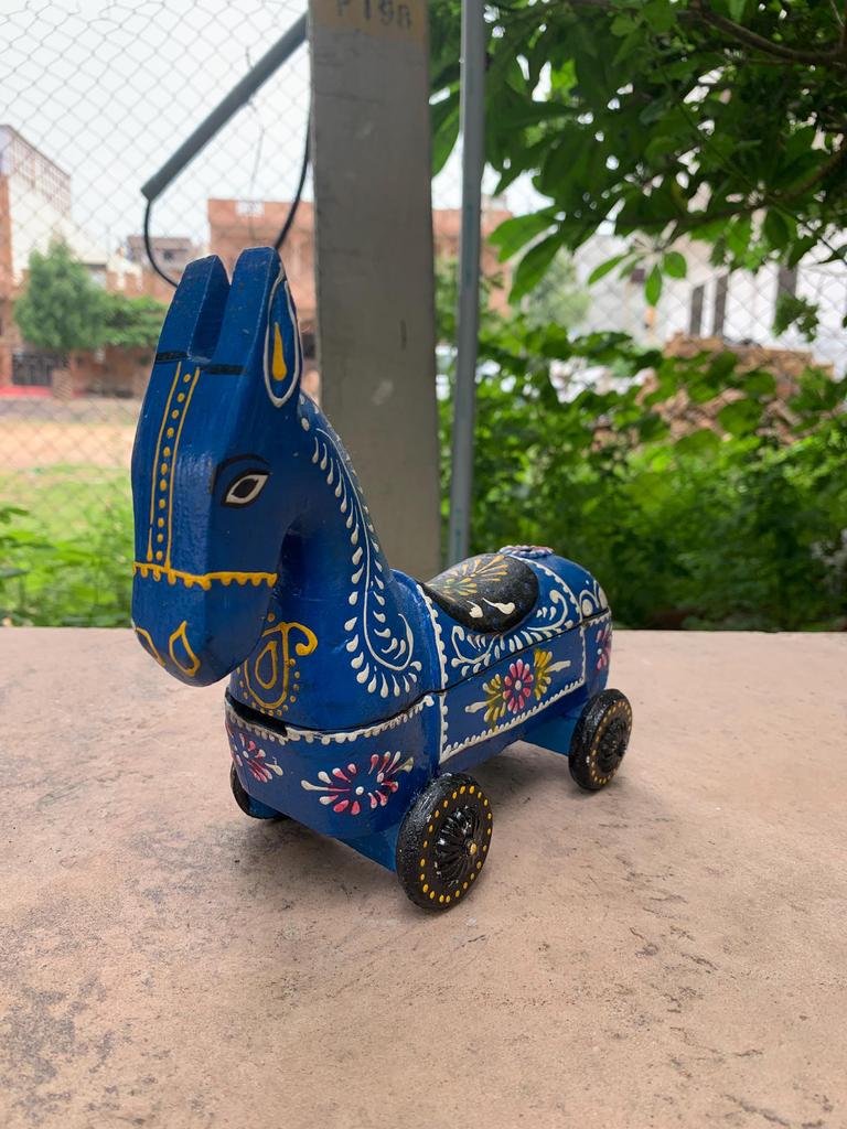 Hand Carved Blue Wooden Horse: Indian Spice Box, Rolling Toy