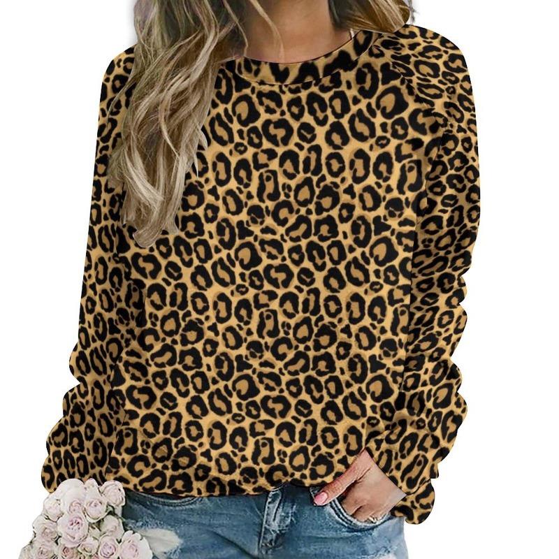 Moda Leopardo Camisetas Femininas Outono Manga Longa Camiseta Tops Gola O Regular Casual Solto Gola O Roupas Femininas Pulôver