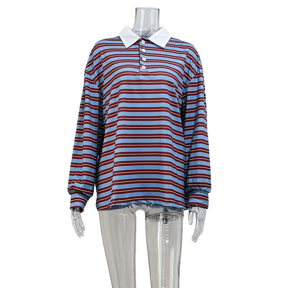 American Retro Autumn Winter V-Neck Color-Block Striped Long Sleeve T-Shirt Women's Cool and Spicy Personality Fashion Long Sleeve Top