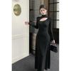 Women's Black Sexy Hollow Long Sleeve Dress with High Collar and Slim Fit