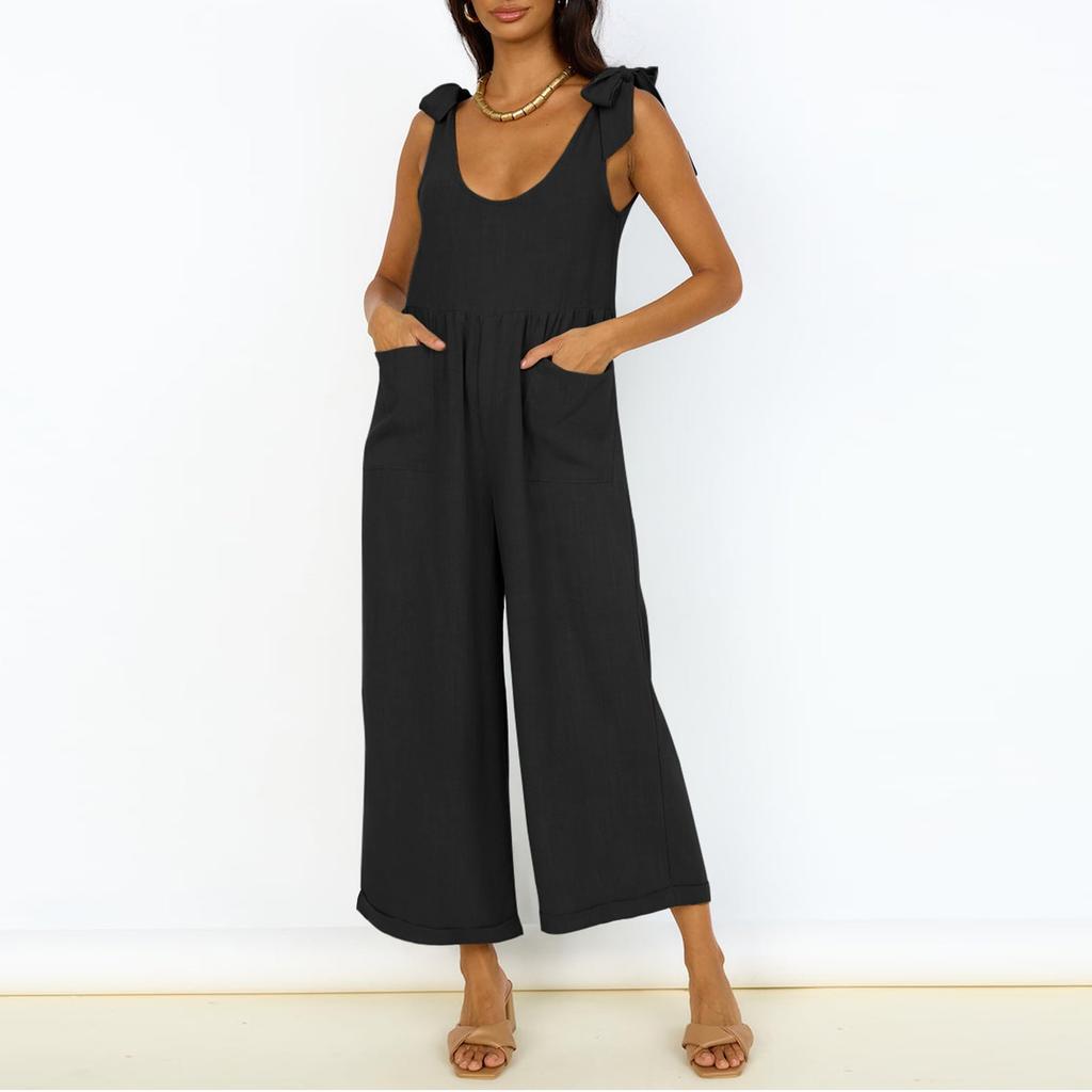 Women Fashion Summer Casual Up Sleeveless Loose Wide Leg Jumpsuit