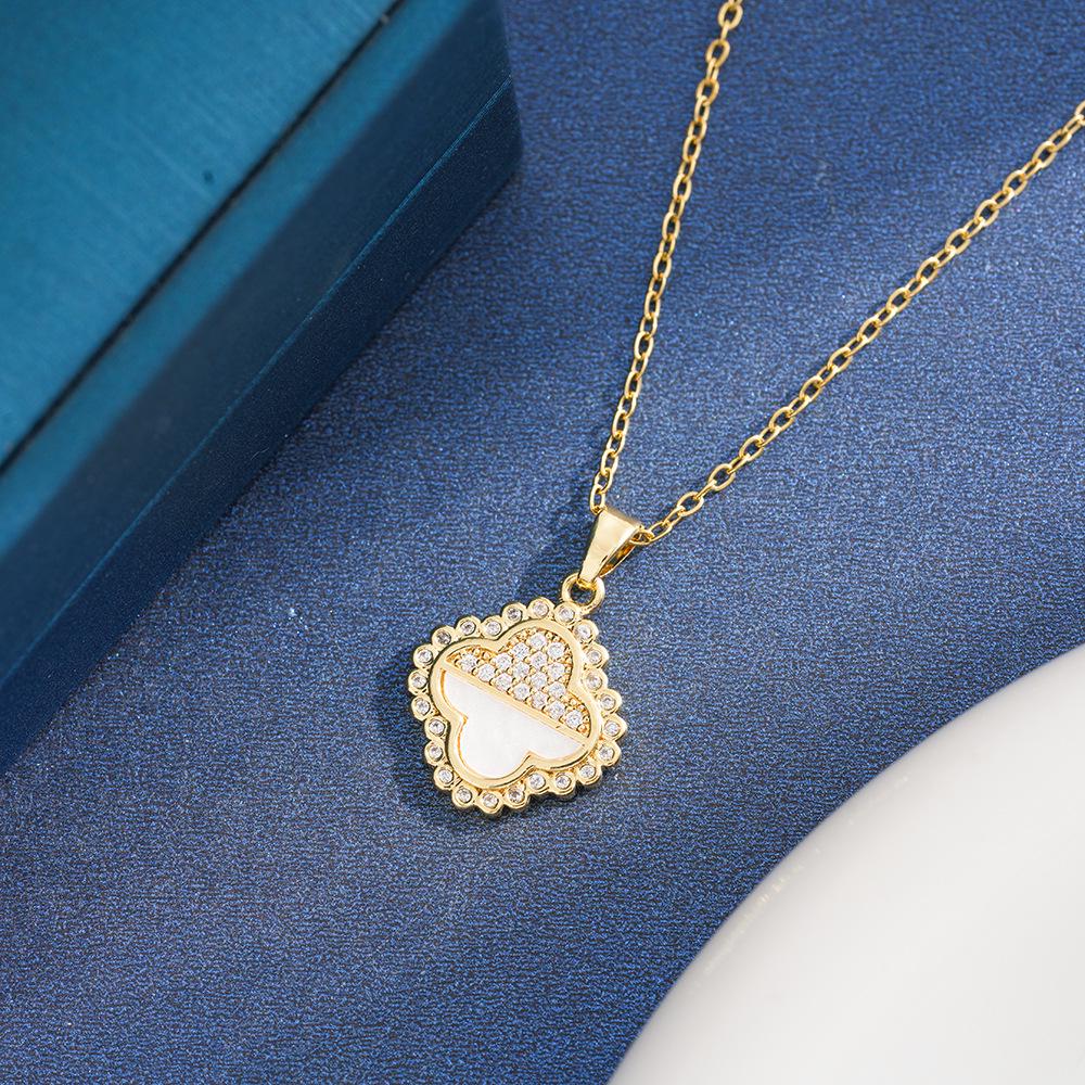 Natural Inlaid Four-Leaf Clover Full Diamond Necklace Pendant - Women s Fashion Simple Style