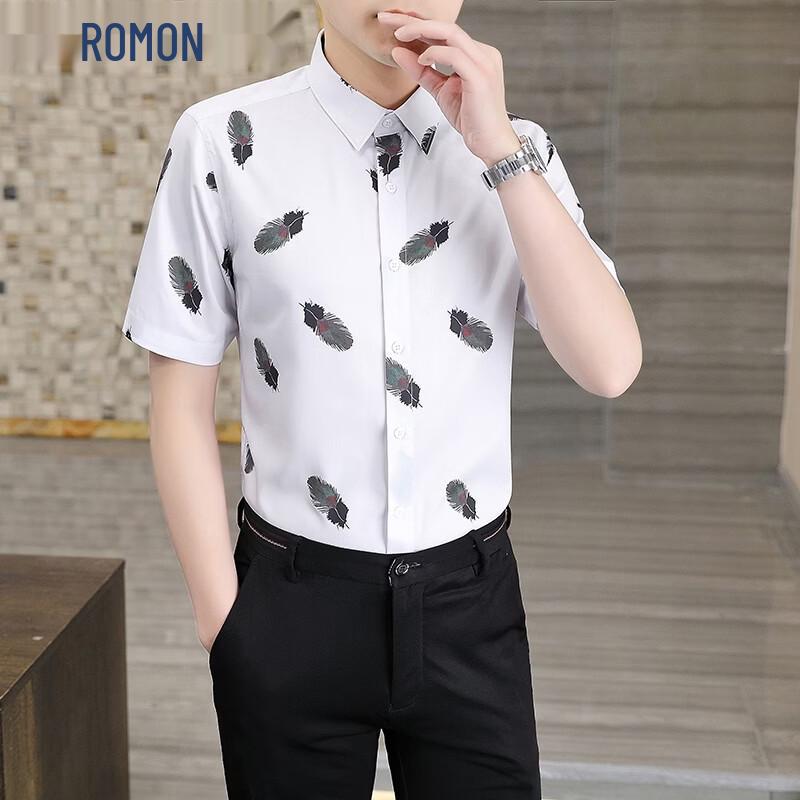 ROMON Men s Feather-Pattern Short-Sleeve Shirt XL