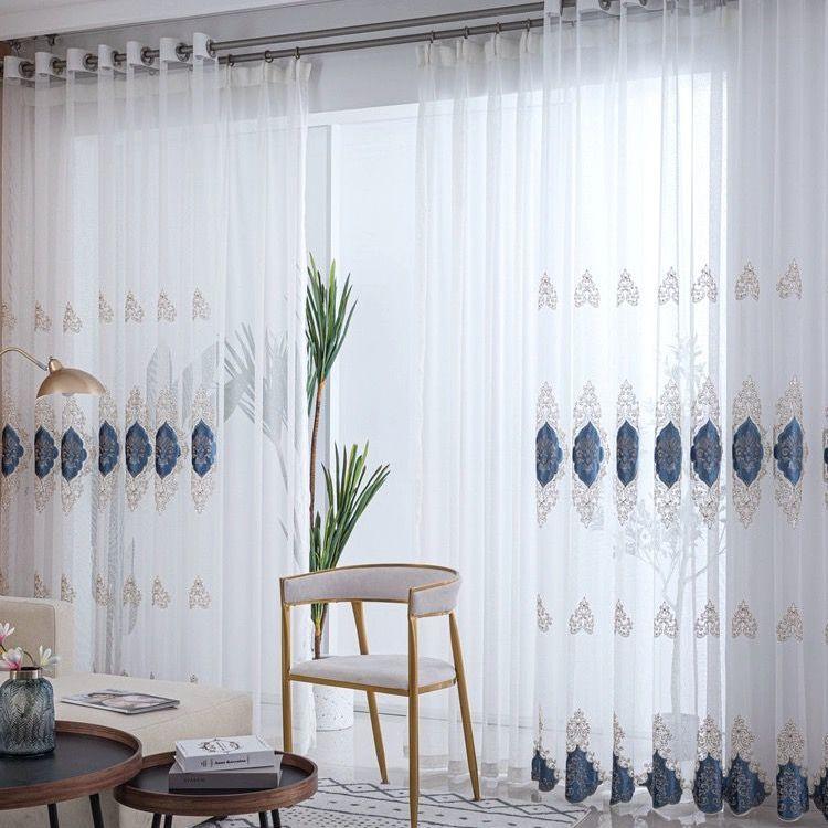 Luxury European Sheer Window Panels, Velvet Trim Embroidery, Transparent Grommet Top Drapes for Living Room