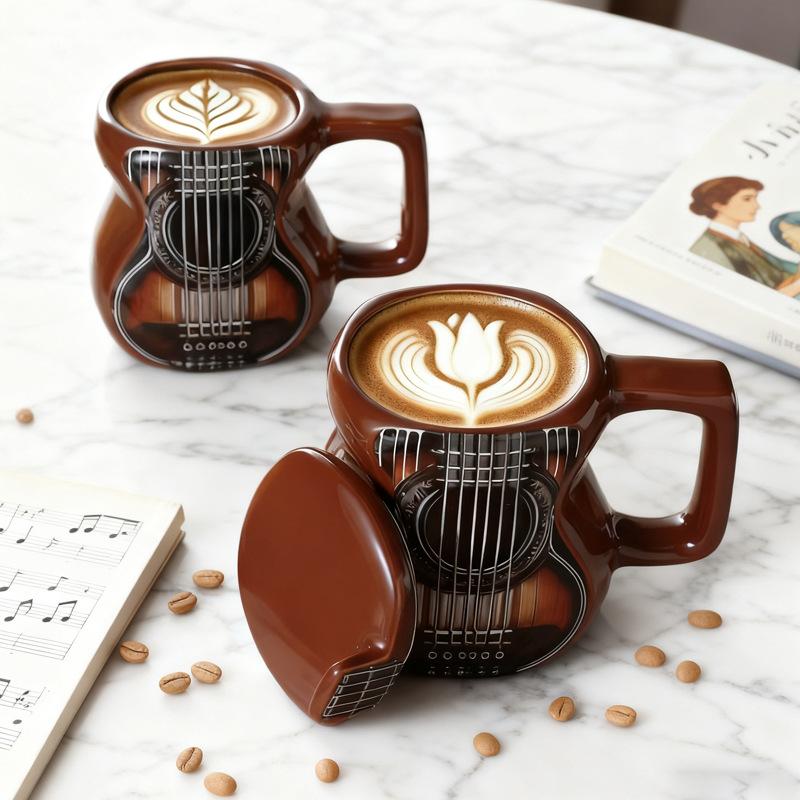 Guitar ceramic water cup with lid creative music cup personalized niche high value gift coffee mug