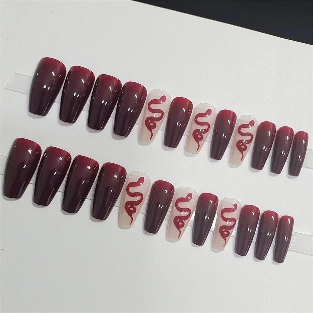 Woman Glossy Press-on Nail Wine Red Snake Pattern Ballerina Artificial Nail for Salon Expert and Naive Women