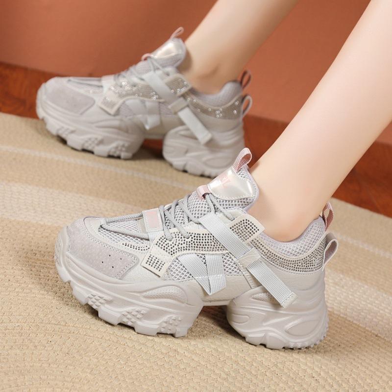 Leather platform dad shoes women's 2025 autumn new mesh breathable small man versatile height increase casual sports shoes