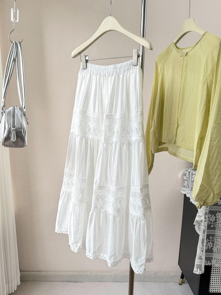 Koreanischer Stil A-Linien-Spitzenbesatz Midi-Rock 2026 - Hochtailliertes Schichtkuchen-Design