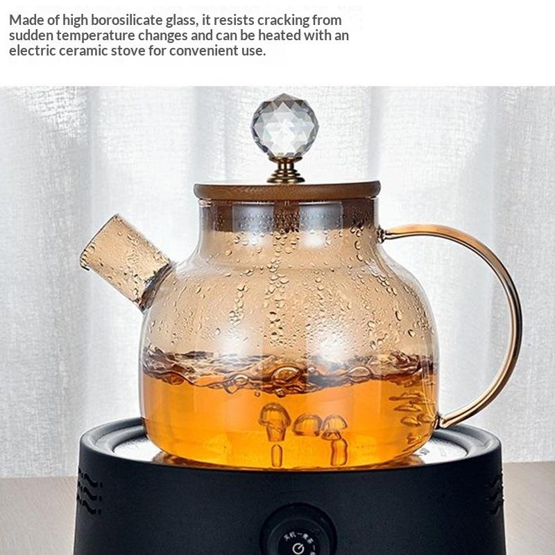 Glass Teapot 1L with Bamboo Lid Heat Resistant Thickened Clear Pitcher for Cold Hot Drinks Kitchen Dining Use