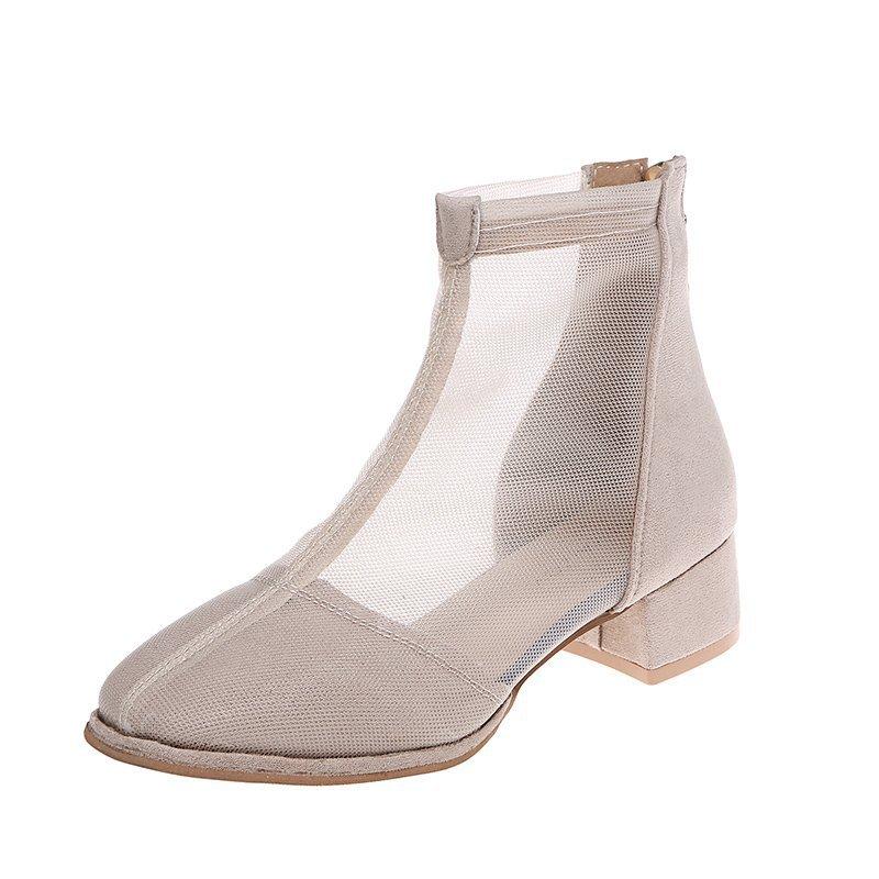 Sandales d'été en maille pour femmes, chaussures à talons hauts en dentelle creuse à bout carré