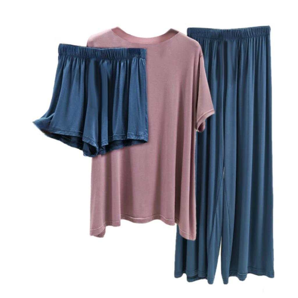 Damen Locker Lässig Rundhals Kurzarm T-Shirt Lange Hose Und Shorts Dreiteiliges Set Einfarbig Pyjama